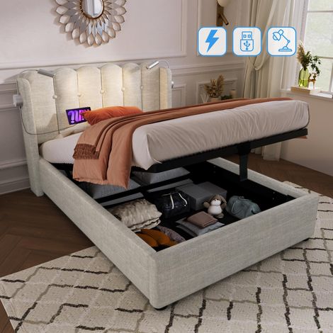 Lit rembourré, lit simple, lampe de lecture avec fonction de charge, tête de lit, espace de rangement, cadre de lit, revêtement en lin, lit enfant 90x200 avec sommier à lattes, naturel (sans matela... (1/5)