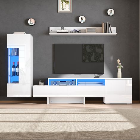 Mueble TV mural 170x35x45 cm blanco lacado LED, almacenaje integrado para salón pequeño – MEUBLIV (1/5)