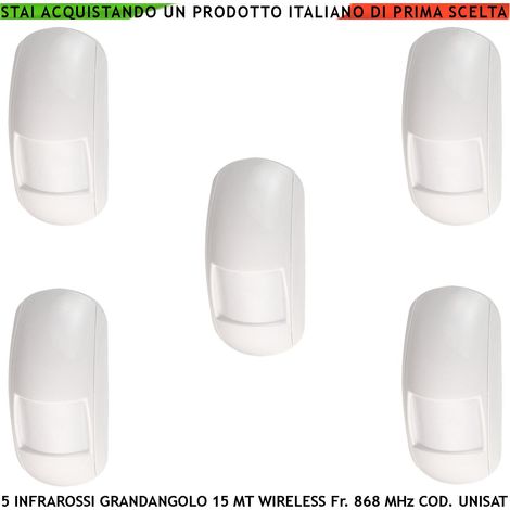 Rilevatore Infrarosso 15 Metri Grandangolo Allarme Interno 5 Pezzi Rileva Movimento di Estranei Antifurto Radio Bidirezionale Codice UNISAT2 Anti Jamming Antimanomissione Sensore Volumetrico look down (1/4)