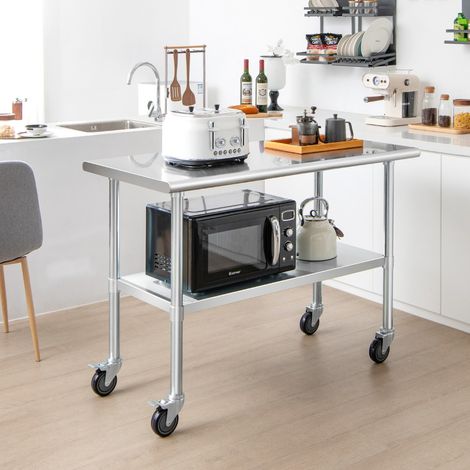 Table Plan de Travail Cuisine à Roulettes en Acier Inoxydable à 2 Niveaux avec Étagère Inférieure Réglable Charge Max 250KG Maison Chic (1/5)