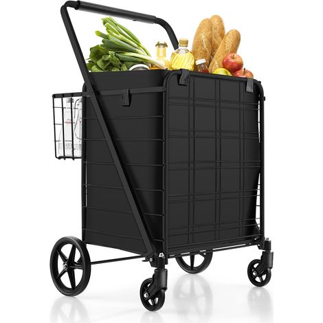 Folding Shopping Cart with Waterproof Liner Wheels and Basket-Black (1/5)