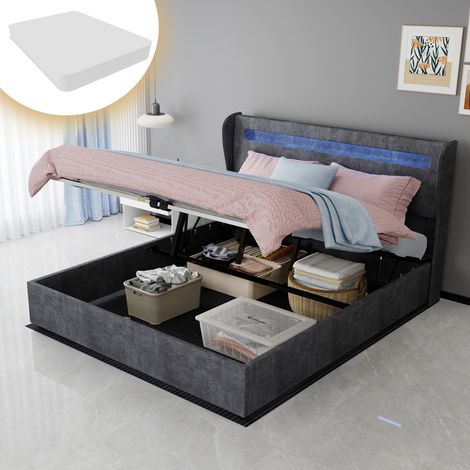 Lit rembourré moderne en tissu gris 160x200 cm avec tête de lit réglable et LED, structure métal stable (1/5)