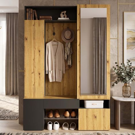 Creahappy Vestiaire d'Entrée avec Miroir 127x35x180.5 cm - Meuble Porte-Manteau et Meuble à Chaussures - MDF Chêne et Noir (1/5)
