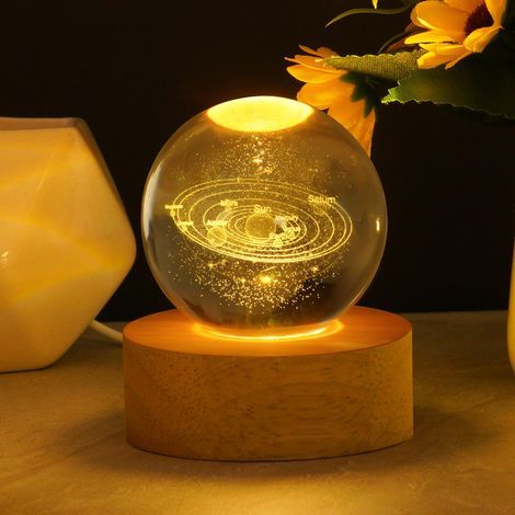 Lampe Boule de Cristal 3D, Boule de Cristal Veilleuse 3D Système Solaire, Lampe 3D avec LED Multicolore Base en Bois, Cadeau de Saint-Valentin, Cadeaux d'astronomie pour Enfants - Plug-in (1/5)