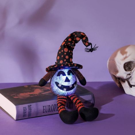Peluche citrouille d'Halloween avec lumières, poupée grimaçante en tissu, décoration de table pour fête, ornement maison, cadeau. (1/5)