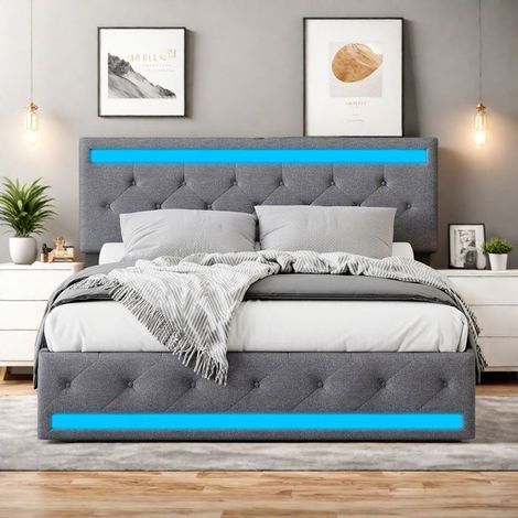 Doppelbett 140x190 cm - TANANT - 4 Schubladen - Leinenstoff - Integriertes LED und USB