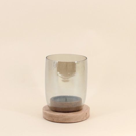 Photophore en verre et bois 19x15cm