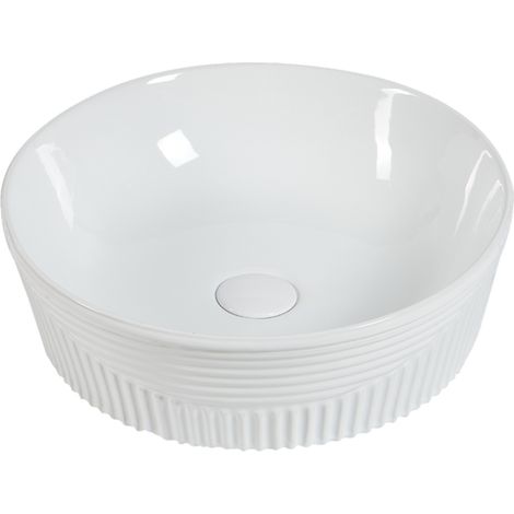 Vasque à poser ronde -40 cm -Blanc brillant rainurée -ELENA (1/4)