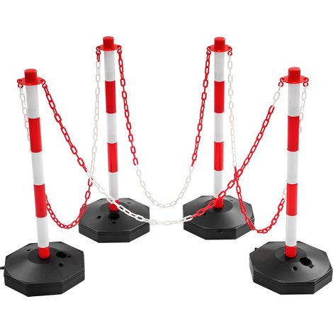 Lot de 4 bornes de signalisation rouge et blanc – Avec chaînes 140 cm, base remplissable eau/sable – Pour stationnement, file d’attente, chantier