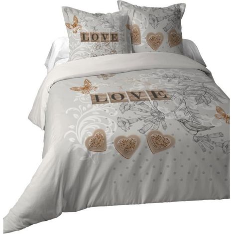 Housse de couette en duvet 240 x 220 cm et 2 taies d'oreiller 63 x 63 cm Clemence 100 % coton certifié Oeko-Tex, motif cœur (1/5)