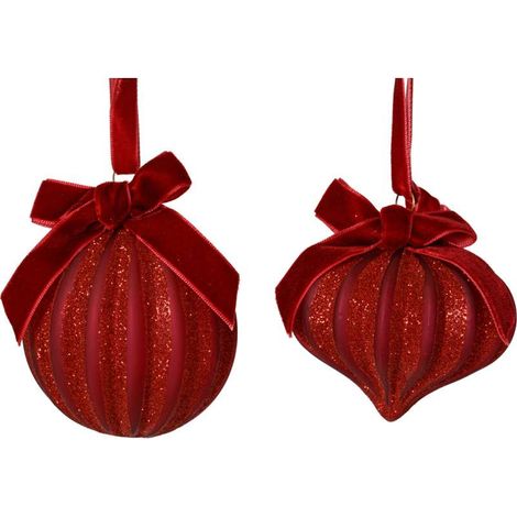 Decoris Pallina Natale Vetro Glitter Rosso 8 cm con Fiocco Velluto