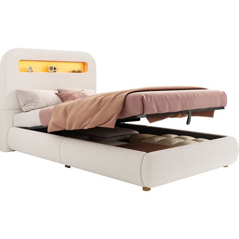 Lit Coffre Enfant 90 x 200 cm en Bouclé, LED et Rangement Hydraulique, sans Matelas, Blanc (1/5)