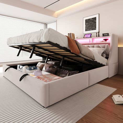 Lit coffre 180x200 cm en velours beige avec LED, USB et rangement HAVRYA (1/5)