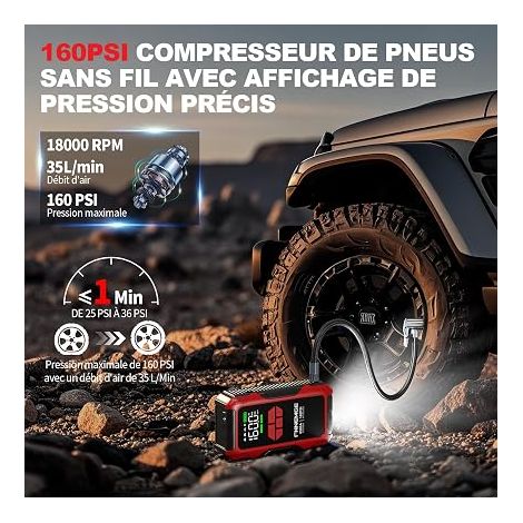 Booster Batterie Voiture Compresseur D’Air, Jump Starter Moteur, Port de Charge USB, lumière Écran Large. (1/3)
