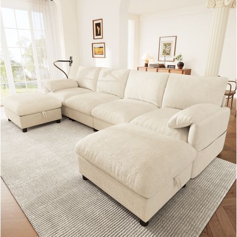 Sofá modular esquinero 273.5x133x81 cm beige en chenilla con 2 pufs con almacenaje y puerto USB/Type-C (1/5)