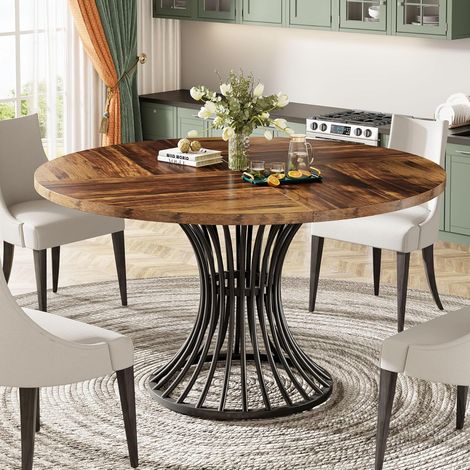 Tribesigns Round Dining Table for 4-6 People, Circle Kitchen Table, 75 CM Tall Farmhouse Dinning Room Tables, with Metal Base for Kitchen, Living Room, Rustic Brown
