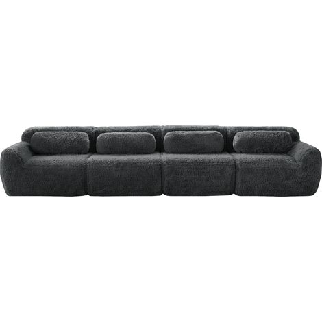 Canapé modulable 4 places en tissu pelucheux gris avec base antidérapante et coussins (1/5)