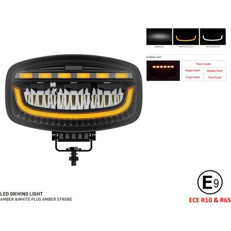 Feu halogène LED universel avec DRL (feux de jour) blanc/jaune et flash d'alerte orange — 12–24 V, 3500 lm