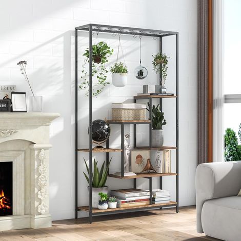 GOPLUS Support pour Plantes Intérieur à 6 Niveaux, présentoir pour pots de fleurs, 10 crochets de suspension, Étagère à Fleur en Bois et en Métal, Style Industriel, pour Balcon, Salon, 100x30x180cm (1/5)