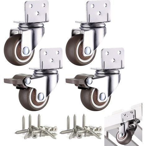 Lot de 4 petites roulettes de meubles 25 mm avec frein 10 x 2 roulettes pivotantes à vis - L plaque de montage (1/5)