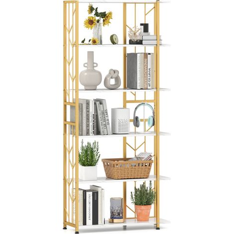 Libreria geometrica moderna telaio metallo letto 6 ripiani 2 kit antiribaltamento soggiorno Bianco (1/4)