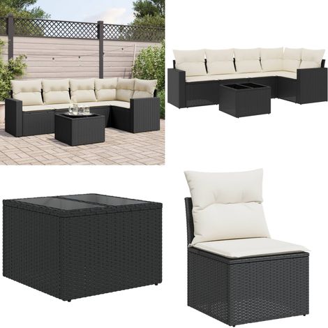 Salon de jardin 6 pcs avec coussins noir résine tressée - Ensemble Salon De Jardin - Meuble De Jardin - Salon D'extérieur - Résine Tressée - Rotin Synthétique - Home & Living (1/5)