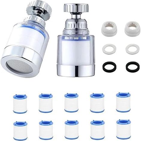 Set mit 2 360°-Wasserhahnfiltern, Wasserhahnfilter mit 10 austauschbaren Baumwollfilterelementen, Entkalker für Küche, Spüle, Haushalt und Bad (1/5)