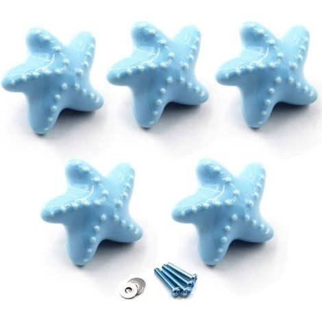 (Paquet de 5 vis incluses) bouton de tiroir bleu boutons d'armoire en céramique poignée de chambre d'enfants en forme d'étoile de (1/4)