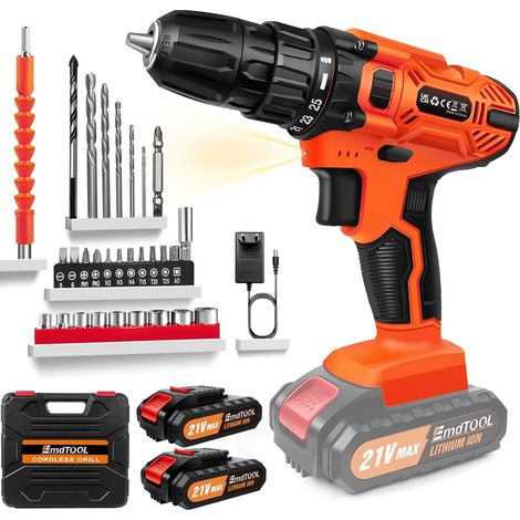 Perceuse Visseuse Sans Fil, 21V Visseuse Devisseuse avec 2 Batteries, 45Nm Perceuse Percussion, 25+1 Réglages de Couple, 10mm Métal Mandrin Verrouillage, 2 Vitesses, 29 Accessoires, LED Light