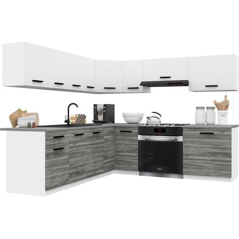 Belini ITALIA 7 Cuisine Equipée Modulaire Complète - 420 cm. Meubles Hauts Bas avec Plan de Travail, Blanc Mat/Gris Glamour