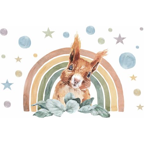 Papier peint photo pour enfants, écureuil, arc-en-ciel, étoiles, style bohème M075 200x135 (1/5)
