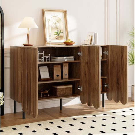 Buffet moderne 120x35x80 cm, portes ondulées sans poignée, couleur noyer, MDF, FloraGrace (1/5)