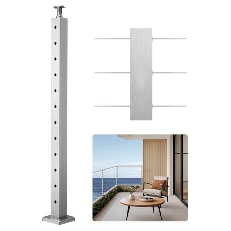 Poste de Barandilla de Cable, 1 PCS Postes de Barandilla 106,7 x 5 x 5 cm Poste de Riel de Cable de Acero Inoxidable SUS304 con kit de soporte de montaje, Plateado, 1JZLGZXYS1061EF8W001V0 (1/5)