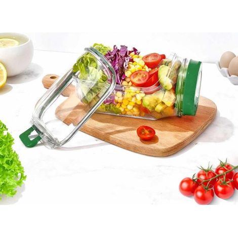 Salatglas mit seitlicher Öffnung, 1000 ml, auslaufsicher, tragbar, mit Deckel, ideal für Büro, Fitnessstudio und Picknick, grün (1/5)