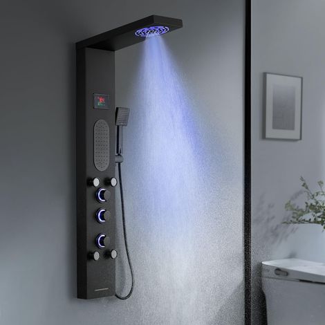 Panneau de douche avec robinet, 6 fonctions, panneau de douche avec indicateur de température LED, douche à effet pluie, 2 modes, buses de massage, douchette et entrée (1/5)