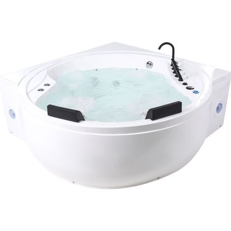 Corner Hot Tub White Acrylic 2250 x 1600 mm with LED Lights Bluetooth Speakers USB Port Massage Jets Headrests MANRESA