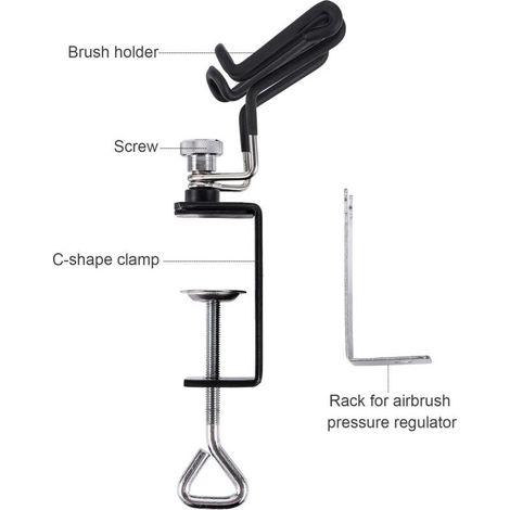 Universal Airbrush Holder, C Forme Clamp Airbush Stand Tool avec 2 Racks de Pinceau et Rack Latéral pour Le Régulateur de Pression Barges de Table jusqu'à 3 Pouces (1/4)