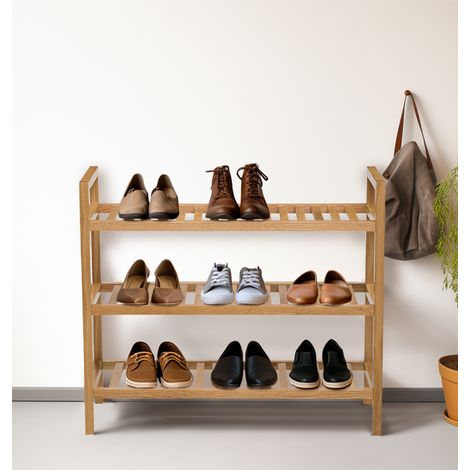 Hallowood Furniture Waverly Oak Wooden Shoe Rack, Stackable 3-Tier Light Oak Shoe Rack, Wide Organiser for Entryway, Living Room, Hallway or Garage, Holds Up to 9 Pairs of Adult Footwear (1/5)