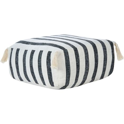 Bodenkissen Weiß u. Schwarz Gestreift aus Baumwolle 45 x 45 x 20 cm Quadratisch mit Quasten Boho Stil Pouf für Wohnzimmer Schlafzimmer (1/5)