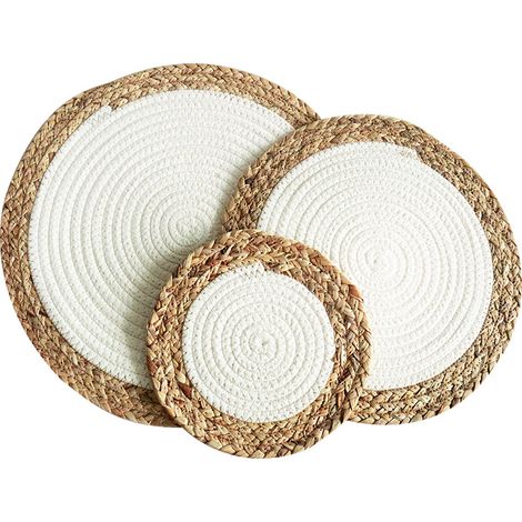 3 pièces Lot Table Ronds Tressés Herbe et Corde de Coton Isolants et Résistants Chaleur Décoration pour Cuisin blanc cassé (1/2)