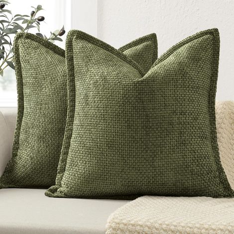 Lot de 2 Housse de Coussin 40x40 CM à Bordure Décorative, Coussin Vert Olive Chenille Taie Oreiller Douces pour Canapé, Lit et Salon, Coussin Decoratif, Housse Coussin Décoratives Luxueuses (1/5)