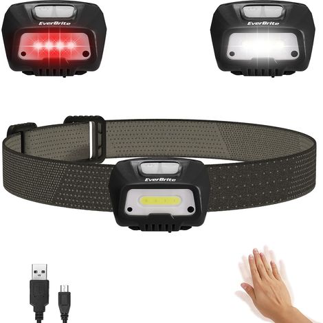 EverBrite Lampe Frontale Rechargeable USB avec Détecteur de Mouvement, Torche Frontale 6 Modes d'Eclairage Réglable 350 LM, Blanche et Rouge, Pêche, Camping, Lecture, Randonnée(Câble Micro-USB Inclus) (1/5)