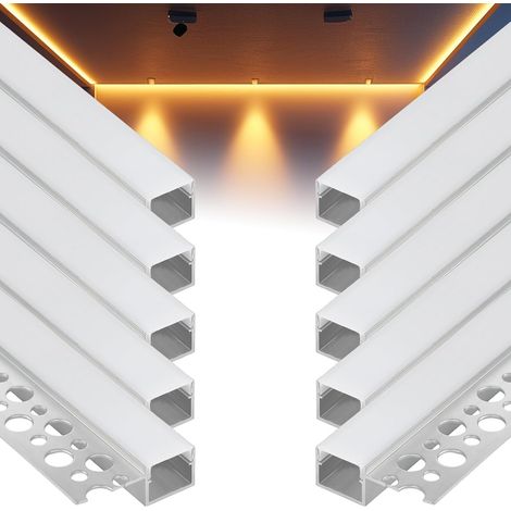 Profilé LED en aluminium, 10 x 1 m, diffuseur LED avec couvercle laiteux, canal LED encastré, profilé de cloison sèche pour mur et plafond (type A, pour bandes LED de 12 mm) (1/5)