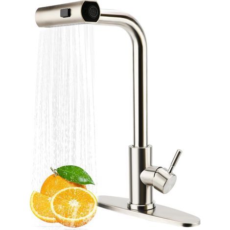 Robinet de Cuisine, Mitigeur Douchette Pivotant à 360° en Acier Inoxydable, Robinet d'évier à Arc Élevé, Robinet avec Pulvérisateur Escamotable de 3 Modes 1/2 (1/5)