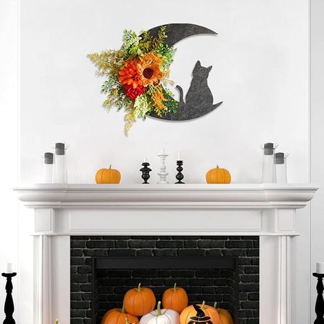Halloween Lune Chat En Forme De Couronne Fleur Artificielle Noir Guirlande À Suspendre Pour Porte d'Entrée Mur Vacances Fête Maison - Orange (1/5)