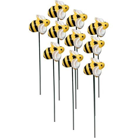 Set aus 10 dekorativen Bienensteckern aus Kunstharz für den Garten, die Hummeln darstellen und zur Dekoration von Rasen, Wegen, Terrassen und Blumentöpfen geeignet sind.