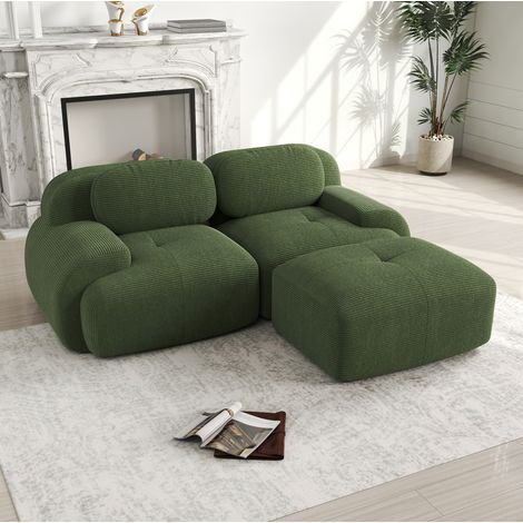 Sofá esquinero modular (208x178x70 cm), sin montaje, diseño curvo, tejido de pana, verde (1/5)
