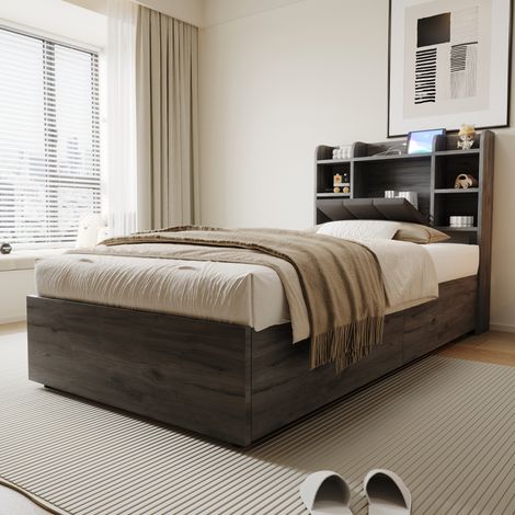 Lit Hydraulique 90x200cm - Avec USB-C & Rangements - Pour Chambre, Studio - Gris (1/5)