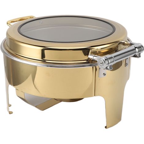 Chafing dish rond doré avec couvercle rabattable à 90° en acier inoxydable de 6 L, chauffe-plats à alcool et 1 récipient alimentaire à deux compartiments. (1/5)