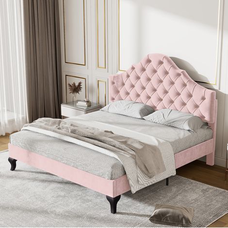 Cama doble 140x200 cm terciopelo rosa, cabecero ajustable, dormitorio, sin colchón -FLORAGRACE (1/5)